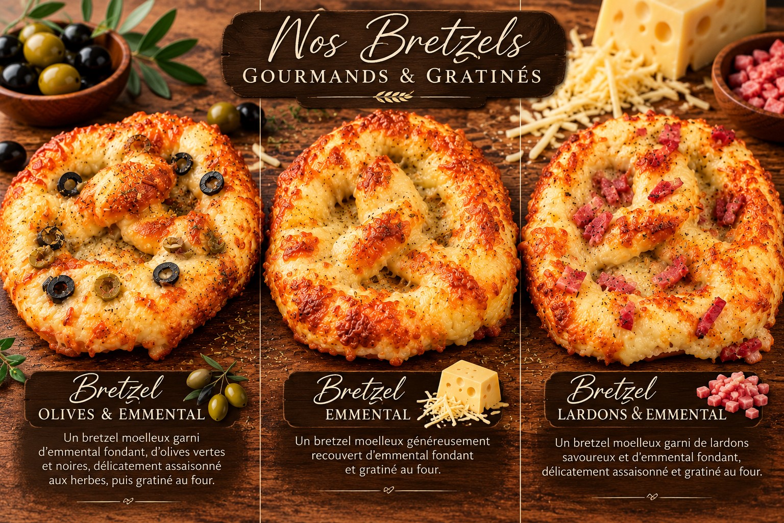 Bretzels gratinados: aceitunas y Emmental, Emmental, pavo y Emmental